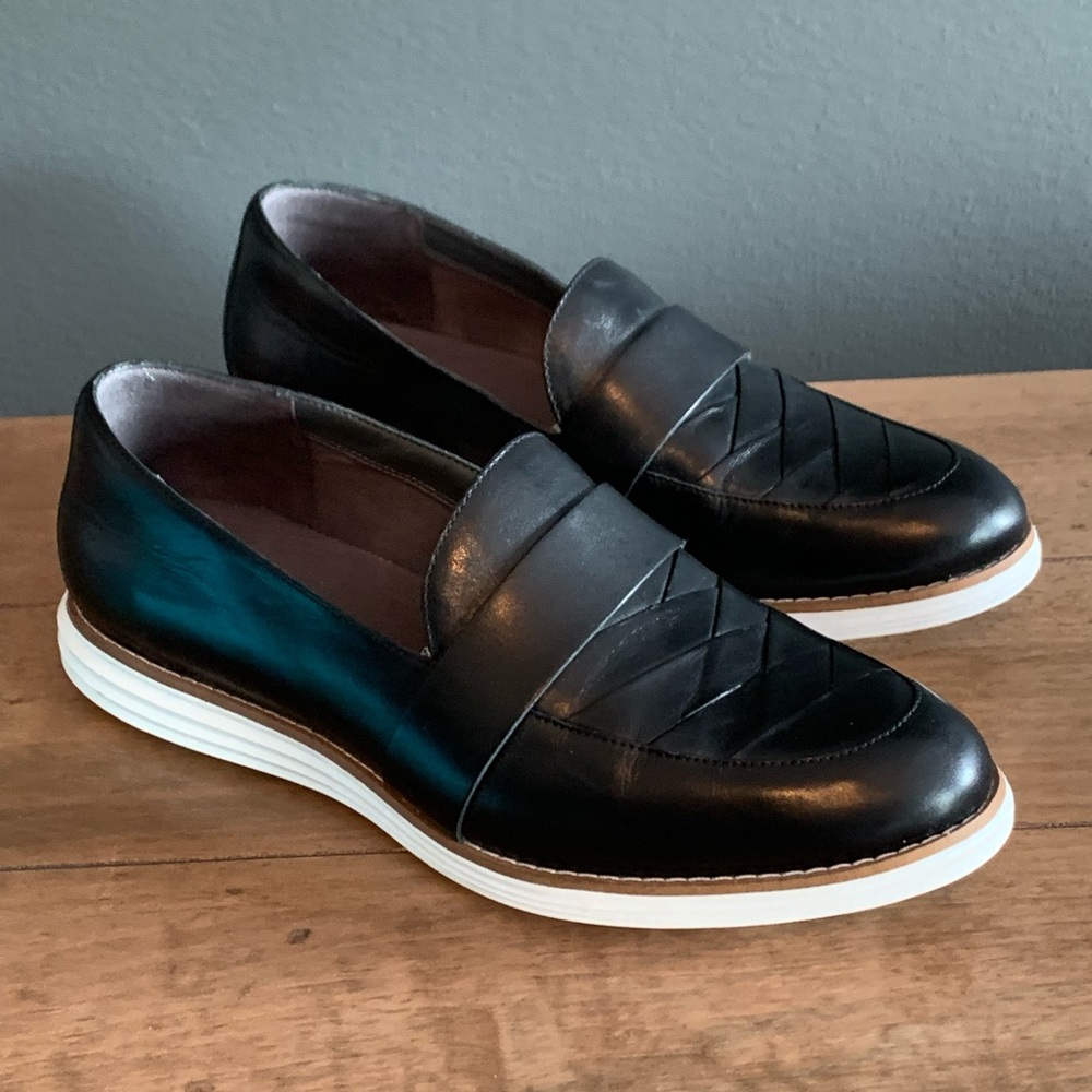 Women's Black Leather Slip-On Loafers with White Sole